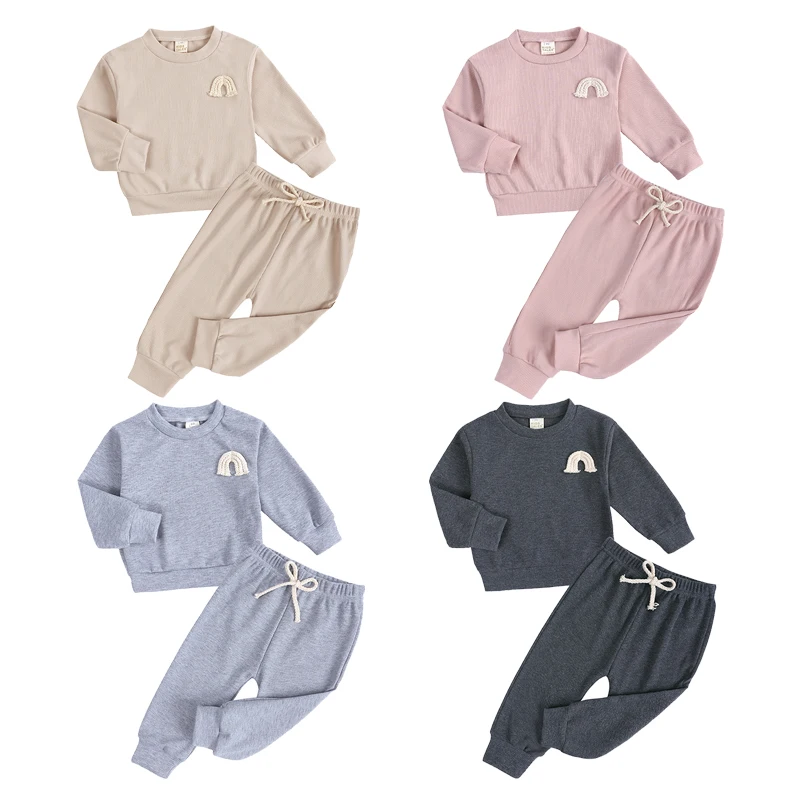 

2022 Winter Clothes Boys Girls Baby Set Round Neck Rainbow Embroidered Long Sleeve Jumper Top + Pants Children's Two-piece Suit
