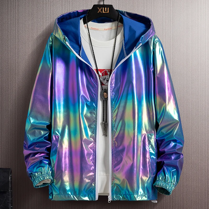 

2023 Summer Rainbow Light Jacket Men Hooded Windbreaker Sun Protection Clothing Male Fishing Hunting Clothes Size 5XL 6XL 7XL