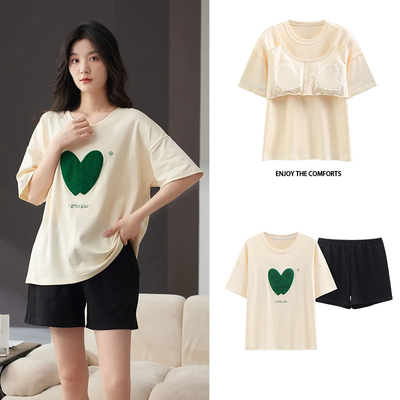 Home Suit for Women Pajamas Summer Loose Sleepwear 100% Cotton Luxury Thin Pyjama Set Elegant 2 Pcs Short Sleeve Free Shipping