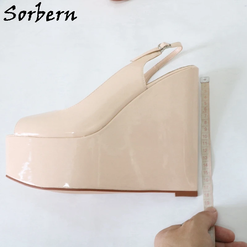 Sorbern Nude Patent Women Pump Shoes Slingback Open Toe High Heels Platform Narrow Wedge Heels Customized Shoes Unisex Size EU45