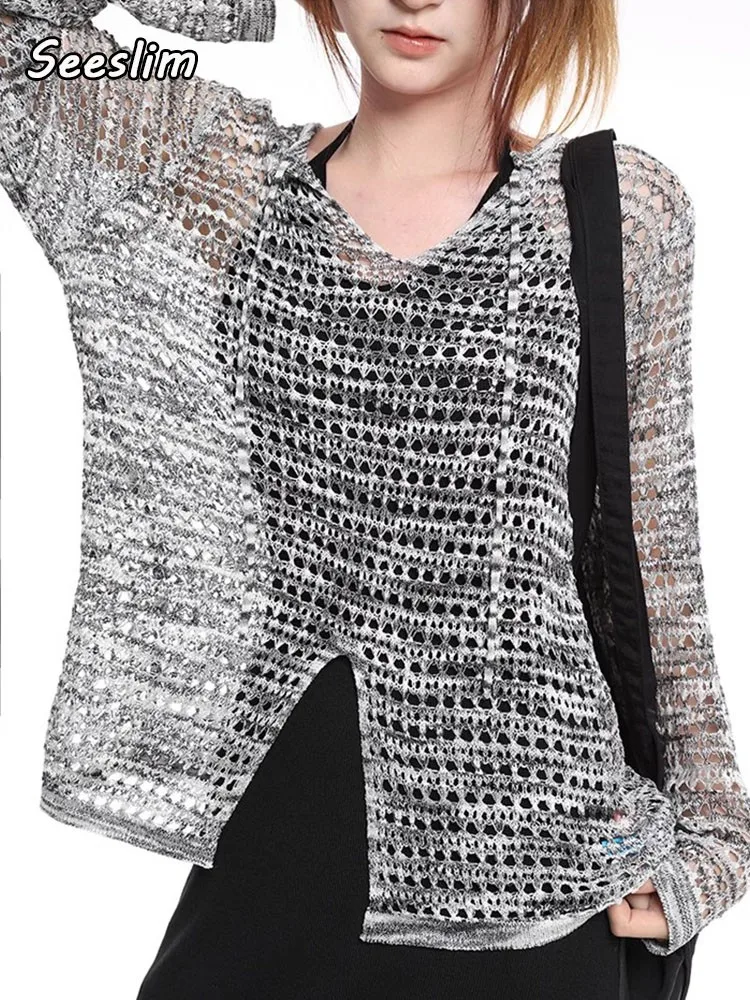 

Seeslim V-neck Loose Knitted Tops Hollow Out Sweater Women See Through Long Sleeve Pullover Thin Ladies Jumper 2023 Autumn Chic