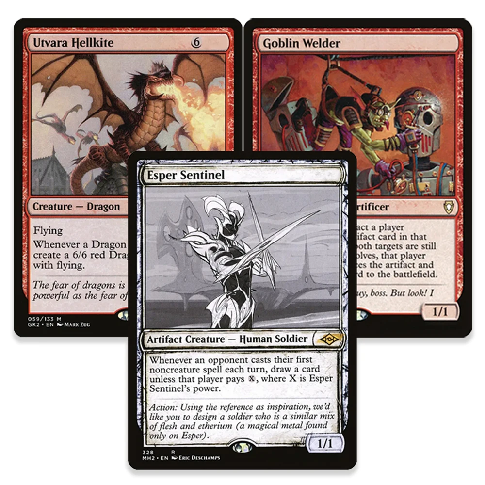 Фото Коллекционные карты TCG: Редкие магические голографические карты для игры и обмена — Эспер Сентинел/Гоблин-Сварщик/Утвара Хеллкайт — Подарки для мальчиков на праздники №1