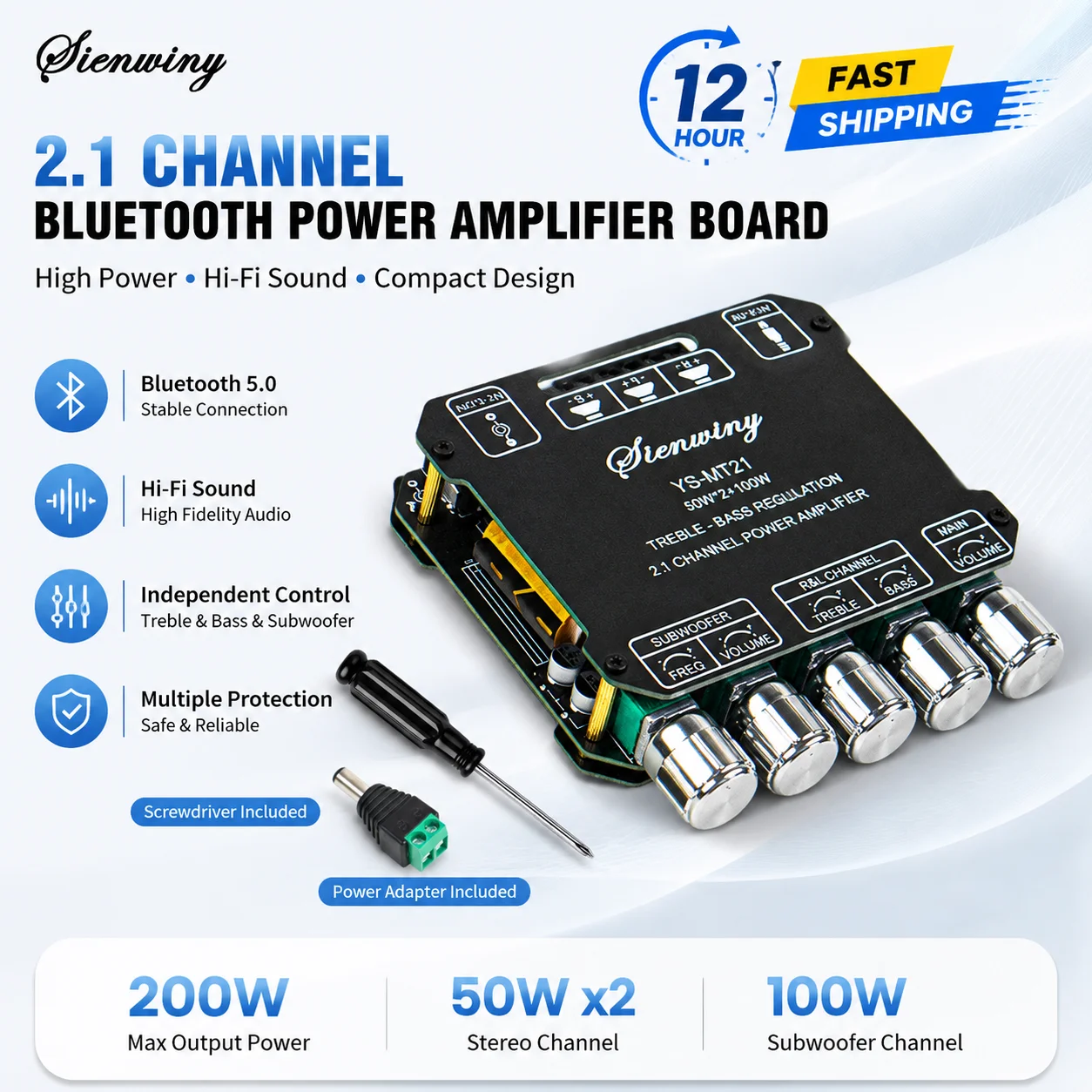 Фото Плата усилителя Bluetooth YS-MT21 2.1-канальная, 200 Вт, Hi-Fi стерео, AUX, регулировка басов и высоких частот, усилитель мощности для сабвуфера, DC 12-24В, Bluetooth 5.1 №1