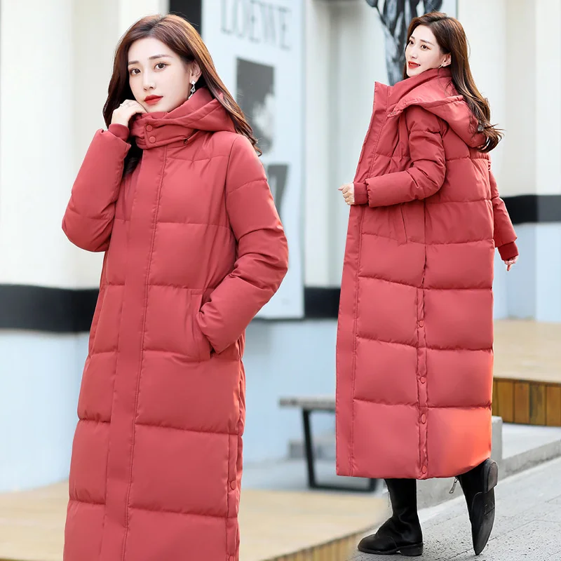 2022 Women's Long Knee Warm Down Cotton Padded Jackets Lady Fashion Elegant Solid Color Female Loose Casual Hooded Thick Coats