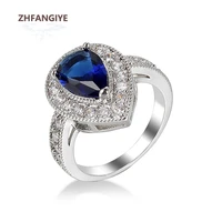 zhfangiye 925 silver jewelry ring ornaments with sapphire zircon gemstone water drop shape finger rings for women wedding party