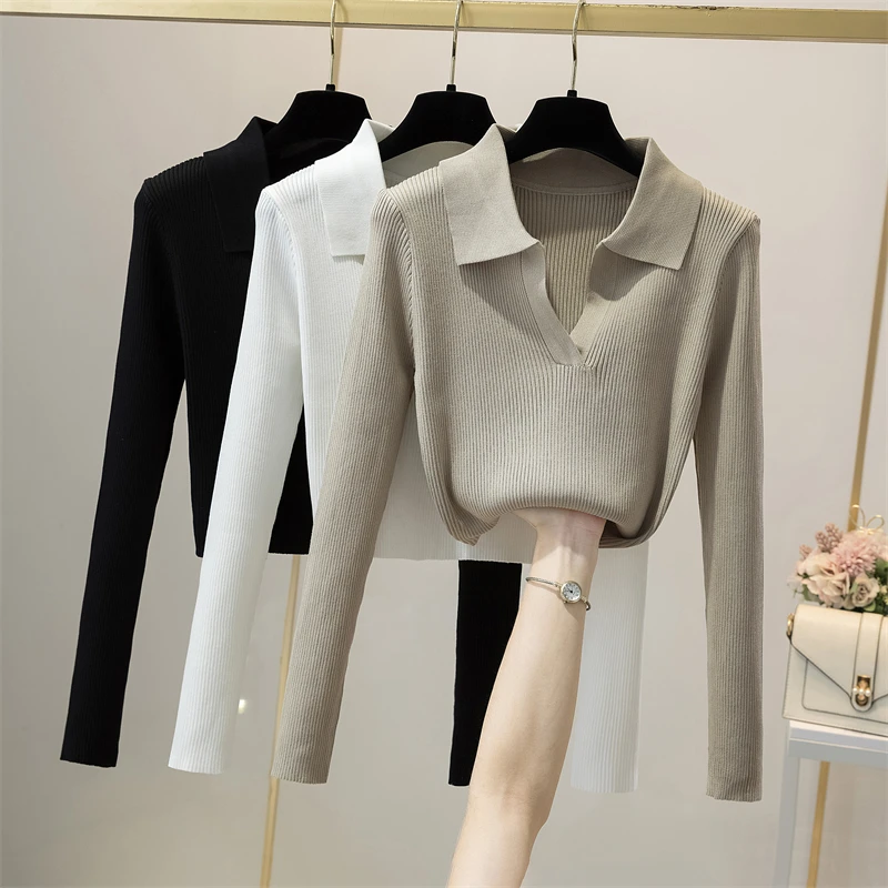 

Короткий вязаный пуловер, свитер, женская футболка с лацканами на весну и осень, топ с длинными рукавами