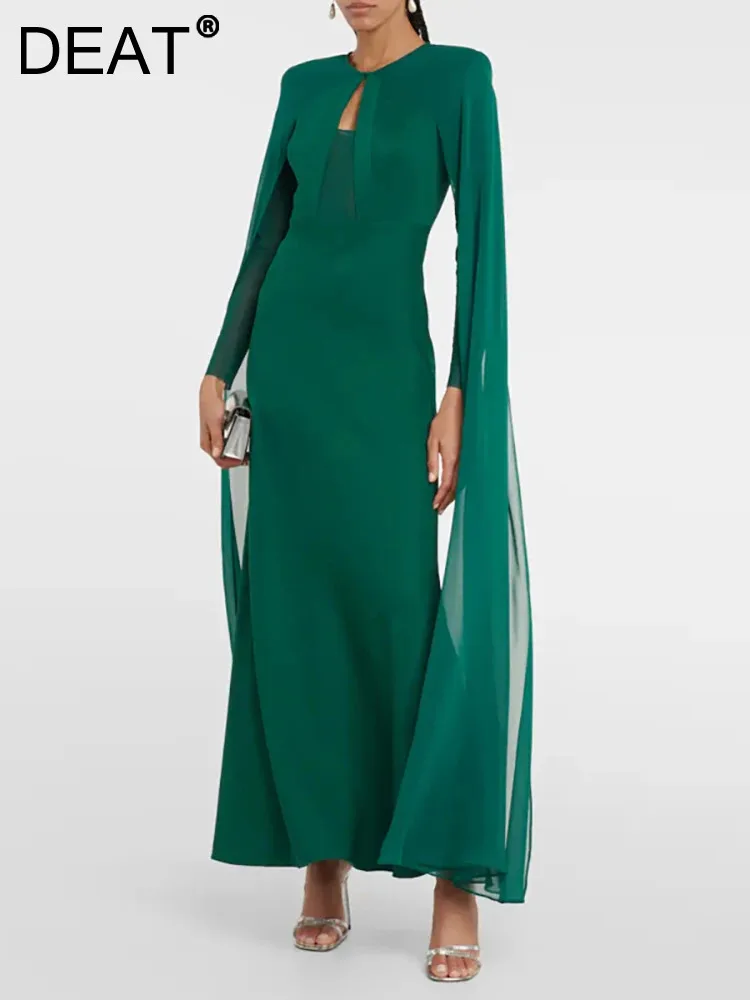 

Женское вечернее платье с круглым вырезом DEAT, шифоновое платье в стиле пэчворк с длинным рукавом и лентой, с вырезами, осень 2023, 13DB3869