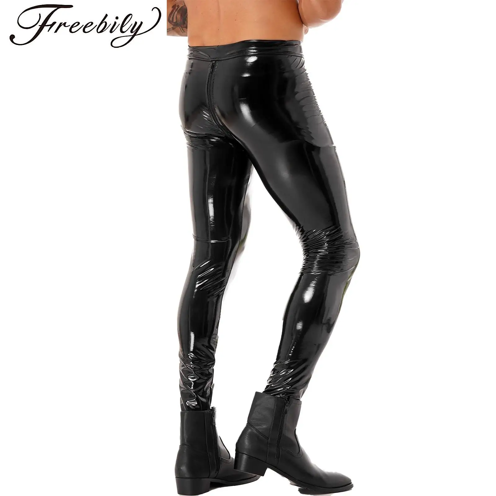 Мужские узкие брюки на молнии с промежностью сексуальные кожаные повседневные