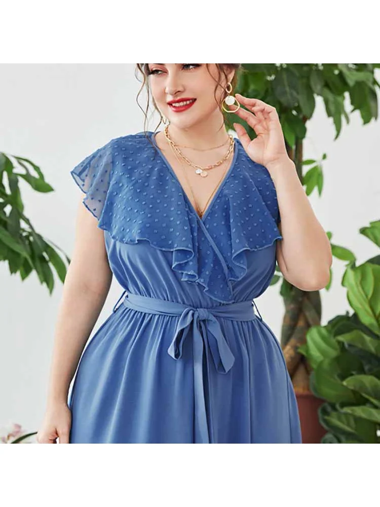 Plus-size maxi skirt tummy cover V-neck elasticated waist print dress panels plus size women clothing
