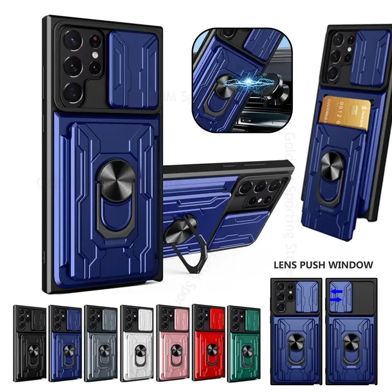 

For Samsung S22 Ultra Slide Camera Lens Protective Case For Galaxy S20 S21FE Note 20 Ultra Magnetic Stand Card Slot Phone Cover