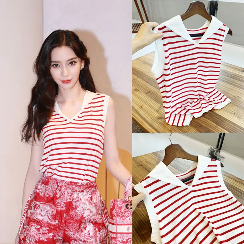 Summer Red and White Striped Knitted T-shirt Women's Sleeveless V-neck Vest Top Navy Neck Ice Silk