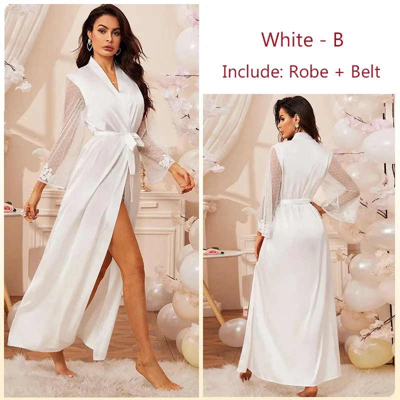 Lace Embroidery Robe Wedding Dressing Gown Temptation Mesh Sleepwear Bride Bridesmaid Kimono Bathrobe Silky Satin Sexy Lingerie