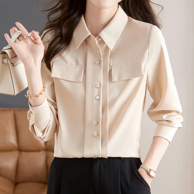 Женская рубашка модная однотонная элегантная офисная женская на пуговицах