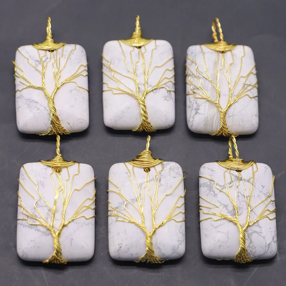 Natural Stone White Turquoise Square Necklace Pendant Gold Wire Winding Handmade Wrap Tree Of Life Charms Jewelry Wholesale 4Pcs