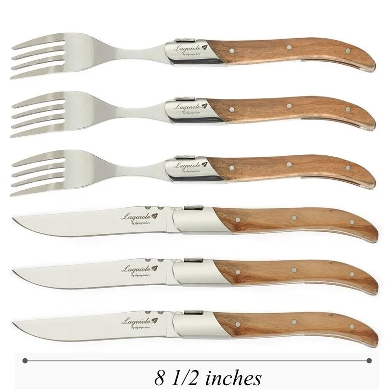 

6pcs 8.7''304 Laguiole Stainless Steel Steak Knives Forks Set Dinner Knives Olive Handle Dinnerware Set Xmas Wooden Cutlery