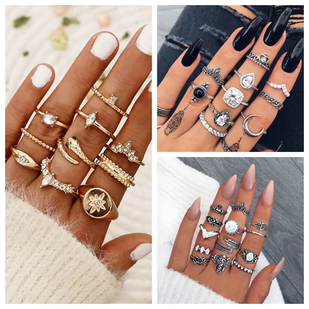 

Boho Aesthetic Luxury Punk Sun Moon Star Ring Set for Women Men Water Drop Flowers Anillo Gift Vintage Jewelry Bijoux