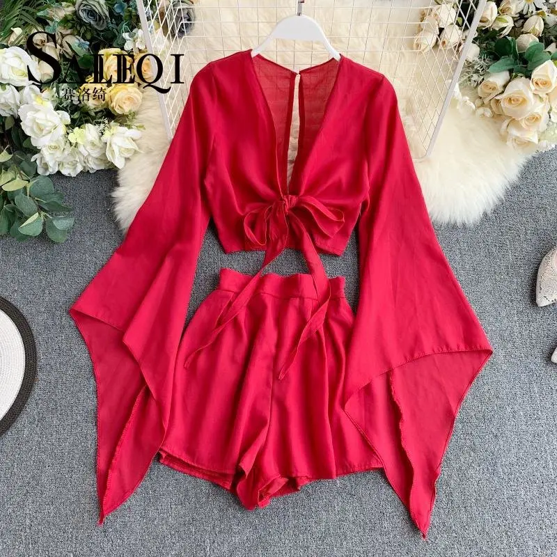 

New Summer 2 Piece Outfits For Women Flare Sleeve Crop Top + Broad-legged Shorts Fashion Ladies Sexy Solid Chiffon Suit Set 2023