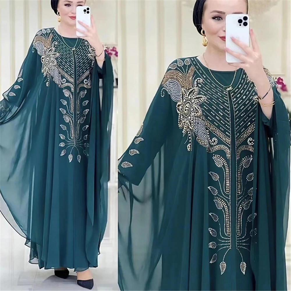 MD Chiffon Boubou Muslim Fashion Abaya 2 PCS Set Dubai Turkey Maxi Dress Musulman Ensembles Caftan Marocain Islamic Clothing