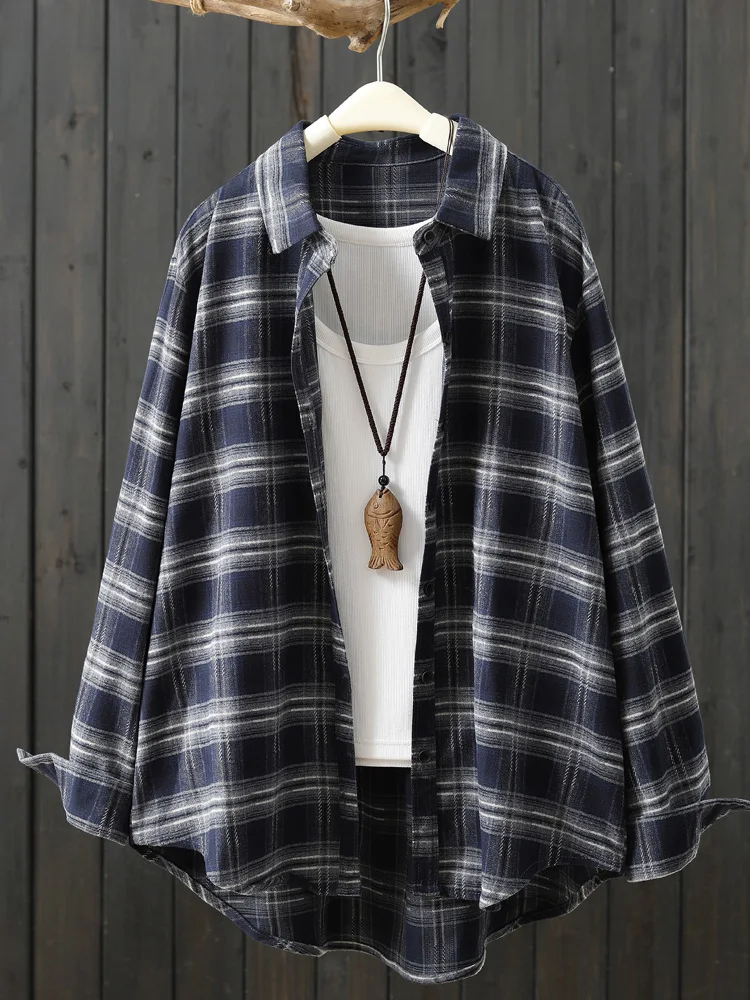Весенне-осенние новые клетчатые рубашки с коротким передом и длинной спиной