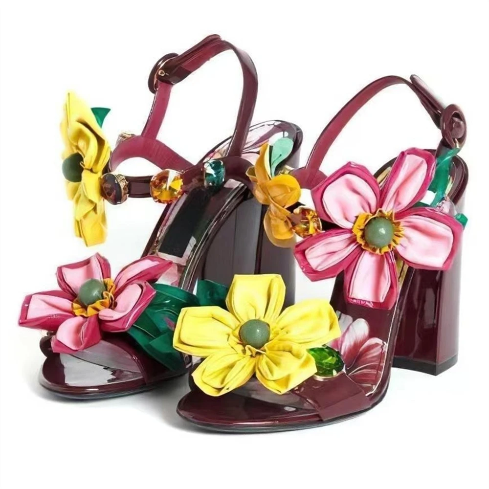 

Women Summer Flower Outdoor Beach Shoes Rhinestone Flower Stripe High Heel Sandals Fashion Open Toe Bridal Wedding Heel