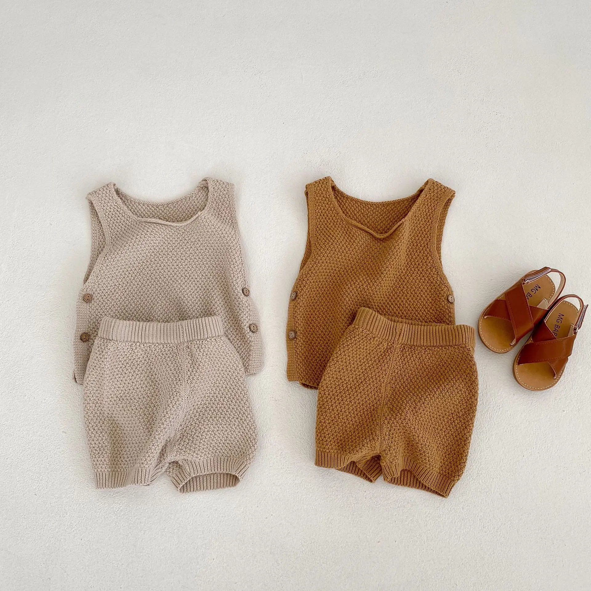 

Summer Infant Knitting Sweater Vest Suit Boy Girl Baby Thin Sleeveless Tops + Knitted Shorts 2pcs Children Cotton Waistcoat Set