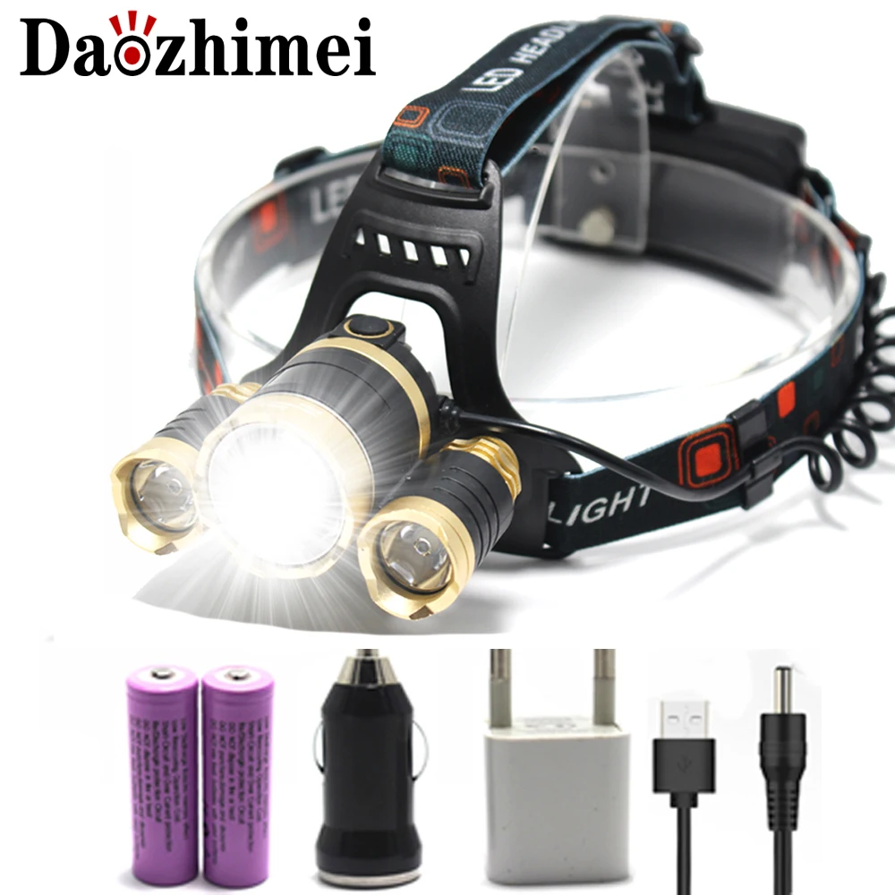 

8000 Lumen Headlight Headlamp Zoom Flashlight Torch 3 XM-T6 Zoom LED Head Lights Lamp with Batteries + Wall/Car Charger