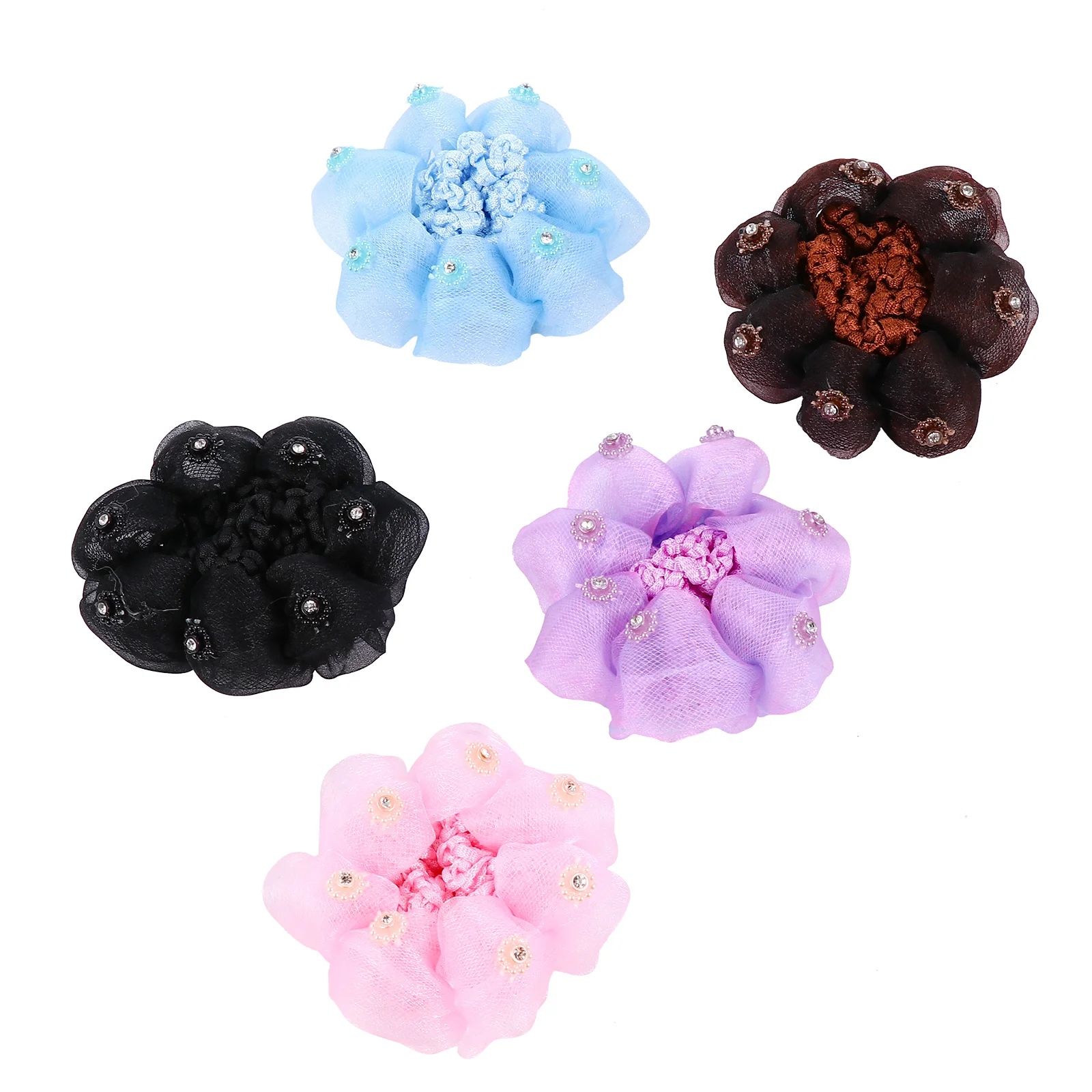 

Hair Net Bun Holder Cap Flower Snood Floral Ribbon Rhinestone Ponytails Shower Dancing Ballet Barrette Fabric Clips Updo Cover