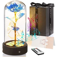 led lights artificial flowers rose valentines day gift music box rotated gold foil rose flower in glass dome forever rose flower