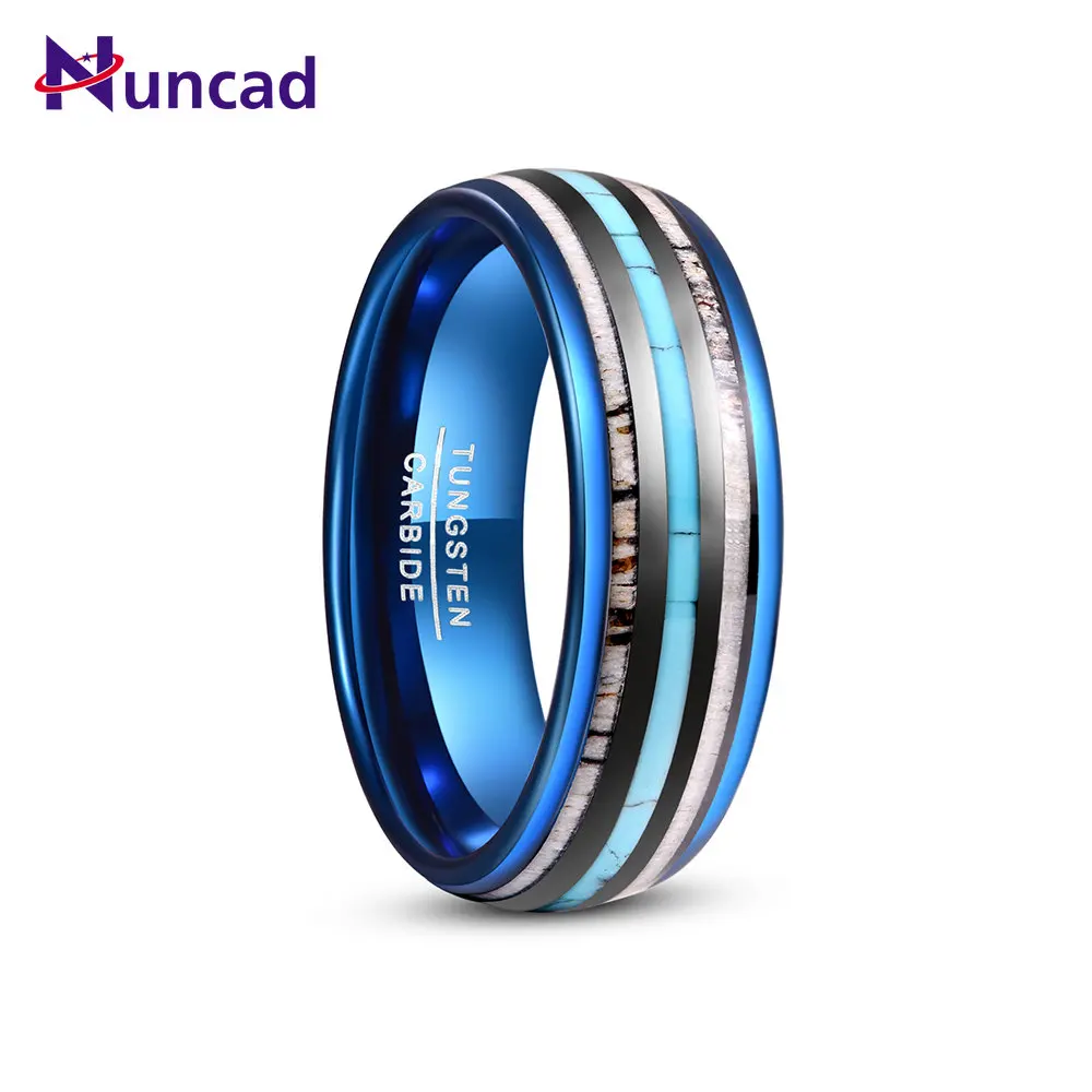 

NUNCAD 8 мм Гальваническое синее инкрустированное оленьими рогами + бирюзовое кольцо из карбида вольфрама для мужчин модные свадебные украшен...