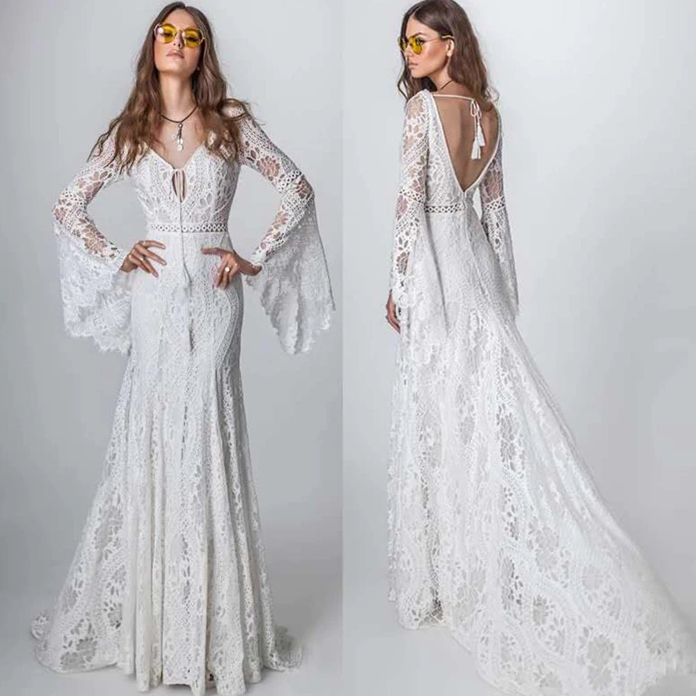 

Boho Exquisite Wedding Dresses V-Neck Long Flare Sleeves Lace Dress Beach Open Back Sweep Train Vintage Bridal Gown 2022 Vestido