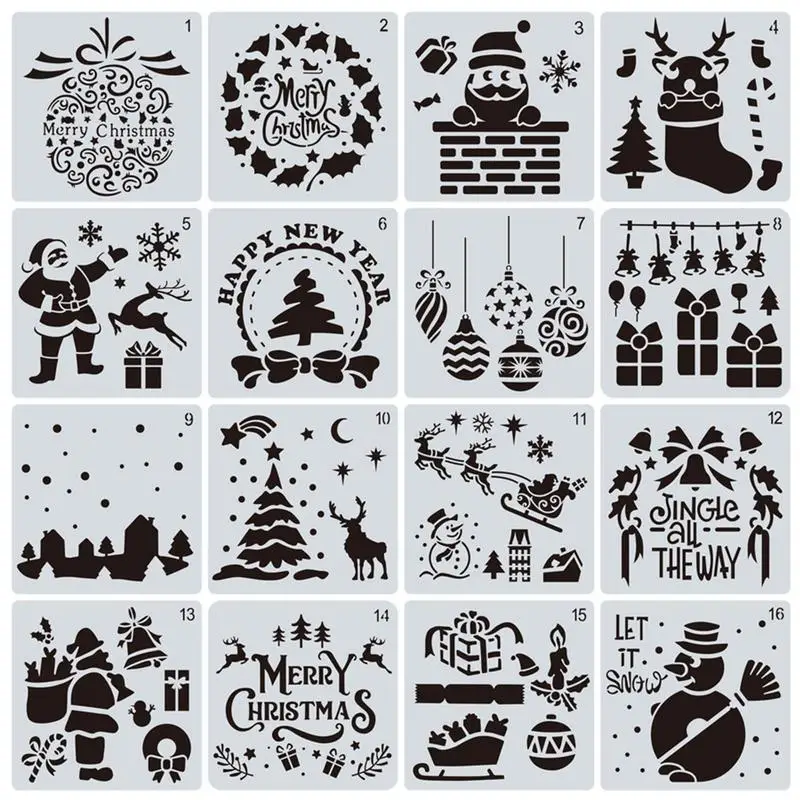 

16pcs Reusable DIY Craft Christmas Stencils For Walls Home Painting Scrapbooking Stamp Album Decor Paper Card Template Craft