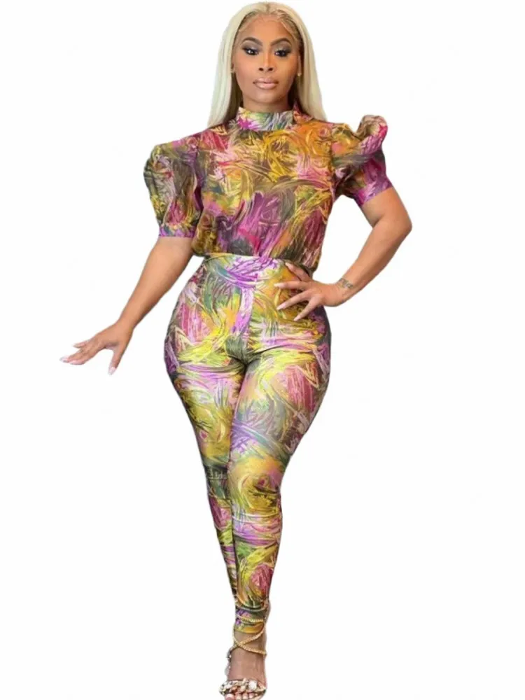 

Pencil Pants Jumpsuit Women Puff Sleeve Stand Collar Rompers 2022 Summer New Fashion Tie Dye Print Streetwear Jumpsuit Playsuits