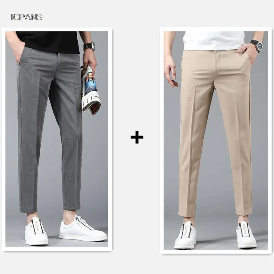 

2 Piece Summer Ankle Length Mens Casual Pants Flat Business Khaki Black Korea Dress trousers For Men Clothing Suit Pants