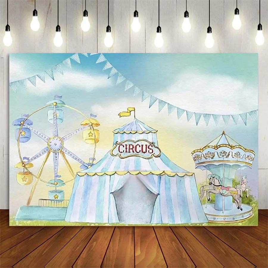 

Circus Theme Backdrop Blue Watercolor Photography Background for Baby Shower 1st First Birthday Photo Carousel Ferris Wheel Tent