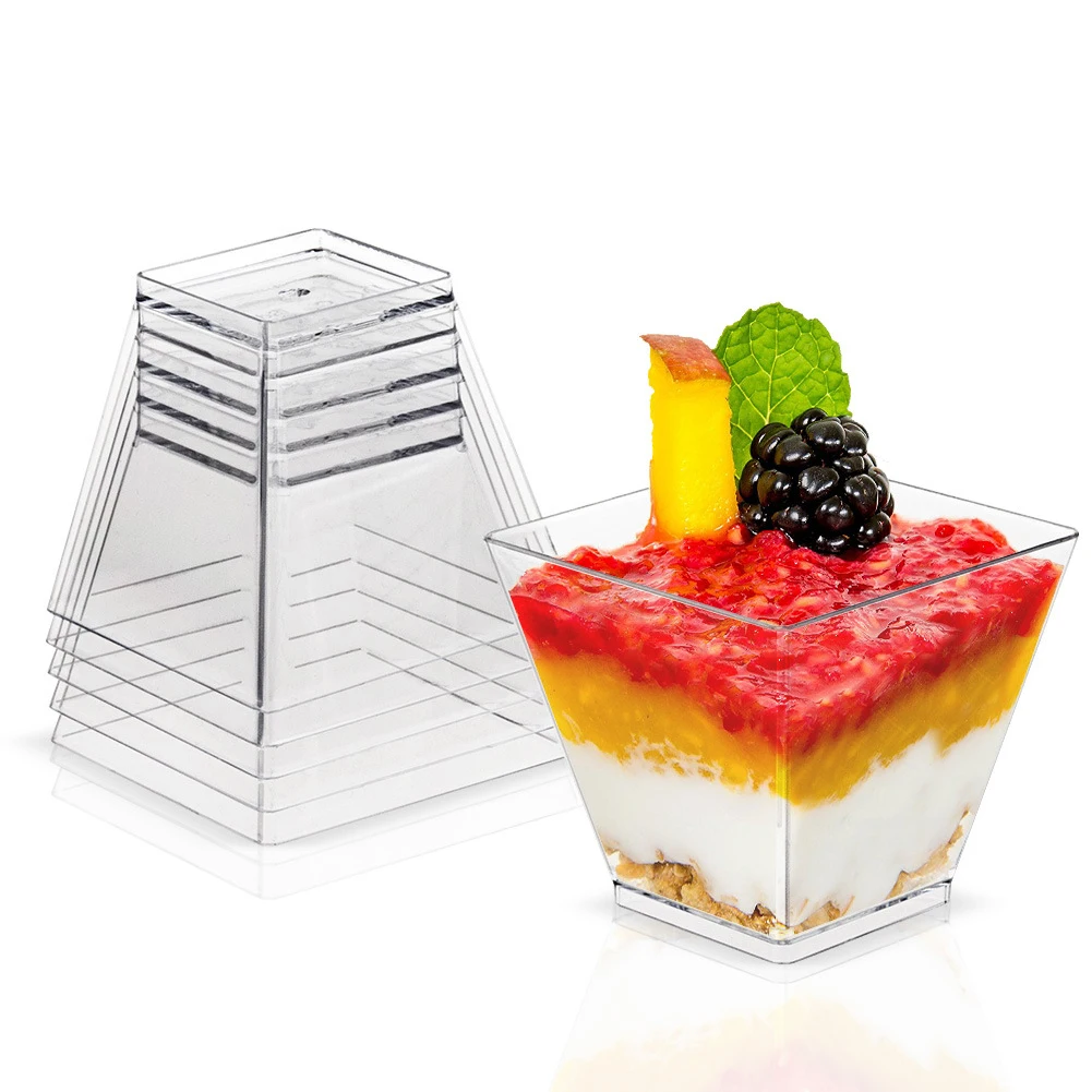 

50Pcs Plastic Cup Jelly Yogurt Cake Mousse Sauce Condiment Transparent Tart Square Container Pastry Tools 2oz Hot Sale