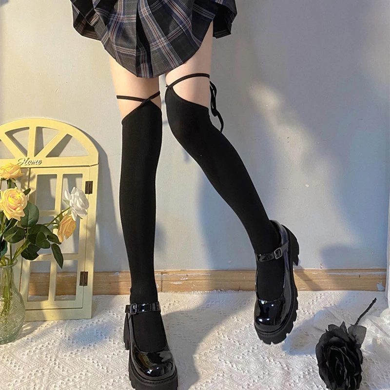 

Japanese Style Women Lolita Thigh High Socks Harajuku Gothic Criss Cross Lace-Up Bandage Student Cute Over Knee Stockings 2023