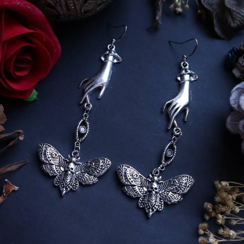

Gothic Moth Skull Hand Pendants Earrings for Women Personalized Accessories Piercing Ear Drop Female Dangle Jewelry Party Gifts