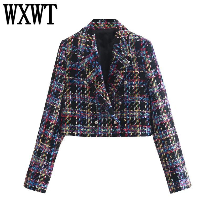 

WXWT Women Multicolor Tweed Crop Blazer Coat Long Sleeve Double Breasted 2022 Fashion All-match Female Spring Chic Tops CD8357