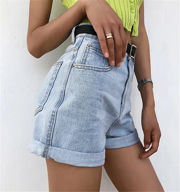 Women Vintage Sexy High Waist Khaki Denim Shorts Slim Fit Belt Shorts Summer Bottoms Fashion New Zipper Pockets All-Match Street
