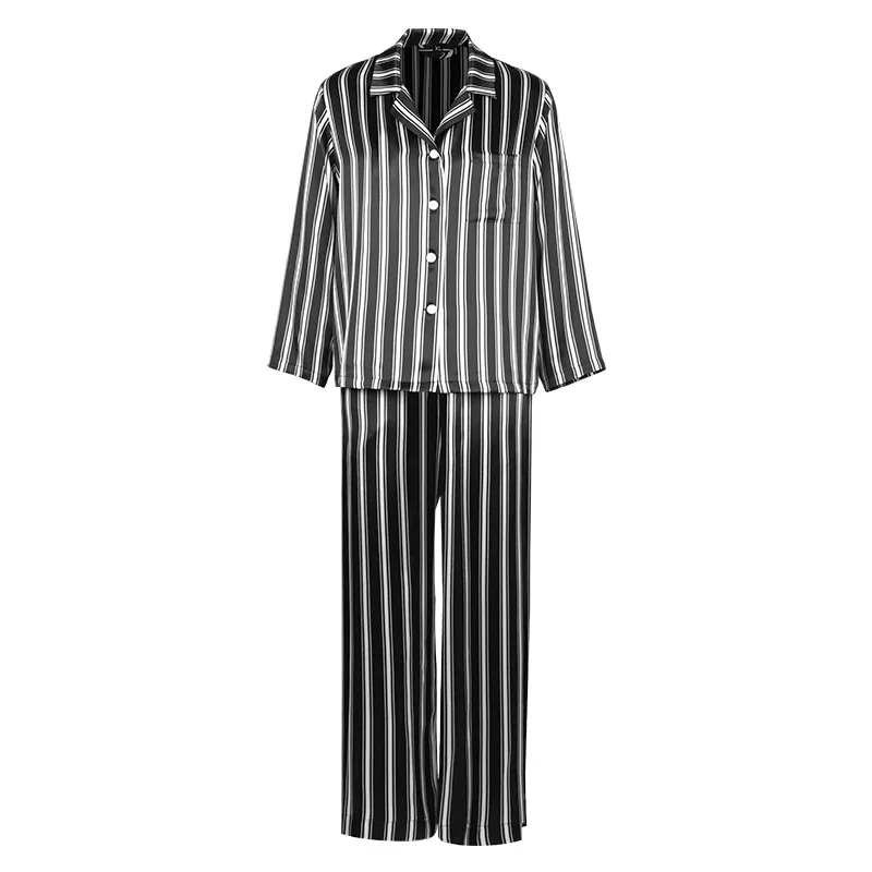 Real Silk Long Sleeve Men Pajamas Set 100% Mulberry Silk Trousers Sleepwear Suit High End Brand Black Vertical Stripe Night Wear