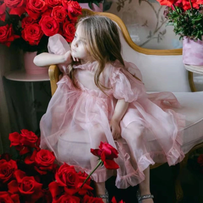 

Girls Evening Gowns Autumn New Fashion Puff Sleeve Spanish Style Kids Birthday Princess Dress Pink 3 Years Flower Girls Dresses