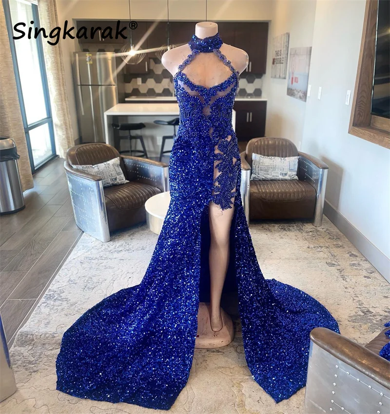 

Luxury Sparkly Mermaid Prom Dress 2023 Halter Royal Blue Glitter Sequin Crystals Sexy Side Split Party Gown Robe De Bal Custom