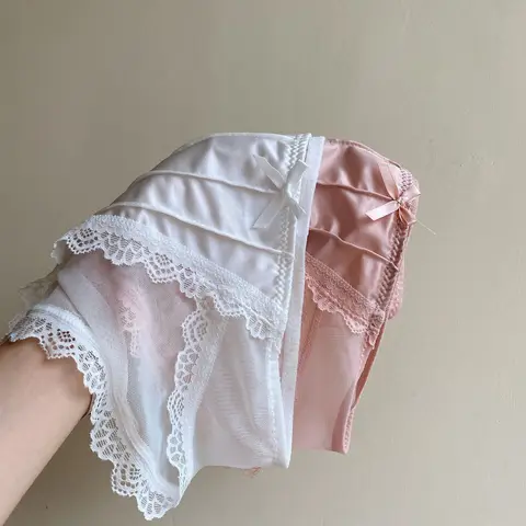 Vintage Satin Panties Soild Color Breathable Underwear Women French Sexy Lace Bow Lingerie Female Mid-waist Thin Mesh Briefs New