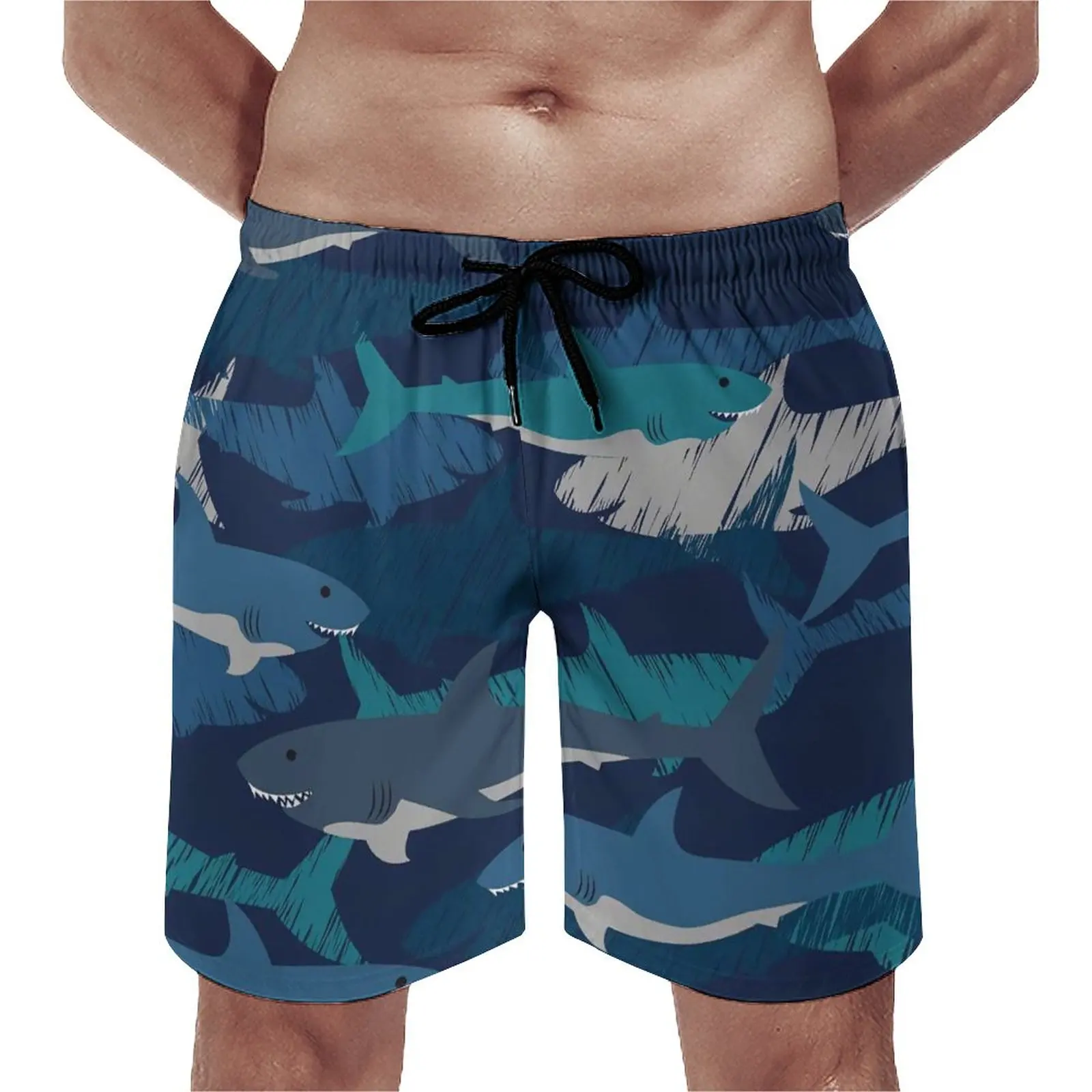 

Board Shorts Shark Print Casual Swim Trunks Abstract Sharks Design Men Fast Dry Sports Fitness Trendy Oversize Board Short Pants