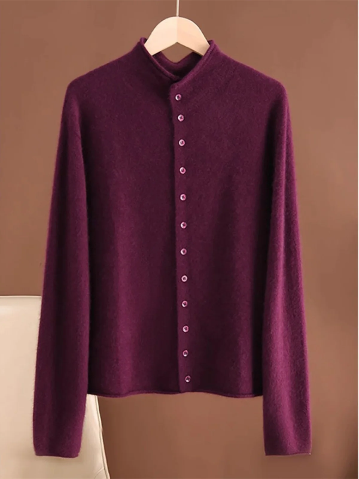 Легкий роскошный бархатный кардиган из ангоры со смешанным воротником-стойкой