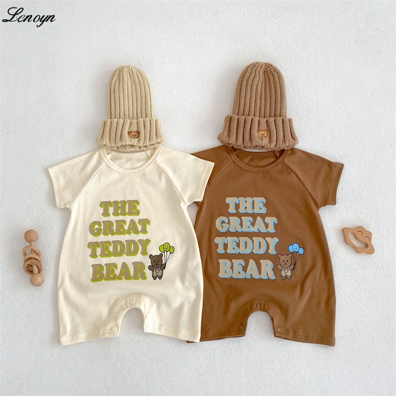 

Lenoyn irls Summer Jumpsuit Casual Button Round Neck Bear Print Toddler Short Sleeve Romper