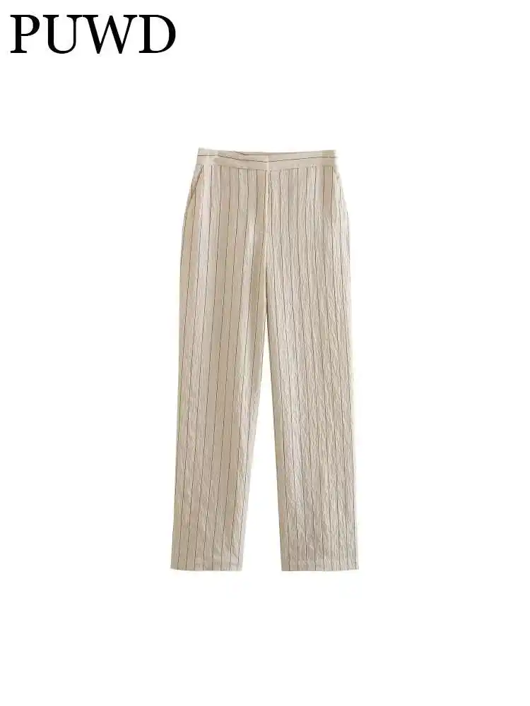 

PUWD Women Side Pockets Stripe Print Pants 2023 Summer Winter Ladies Office Khaki High Waist Zipper Pants Female Trousers Mujer