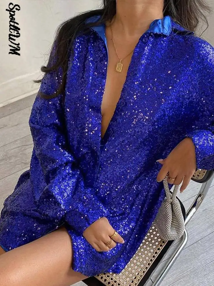 

Spring Casual Long Sleeve Botton Up Glitter Blouses Women Elegant V Neck Sequins Shirts Female Sexy Party Club Mini Shirt Dress