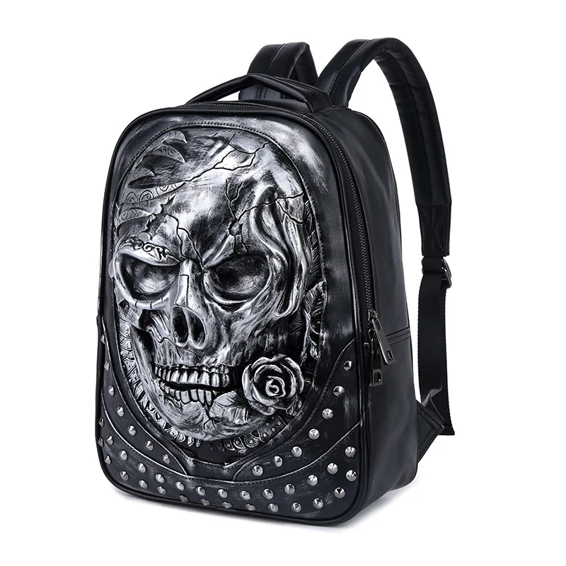 

Street Trend Women Men PU Leather Backpack Three-Dimensional Skull Teenagers Schoolbag Waterproof Laptop Bag For Male
