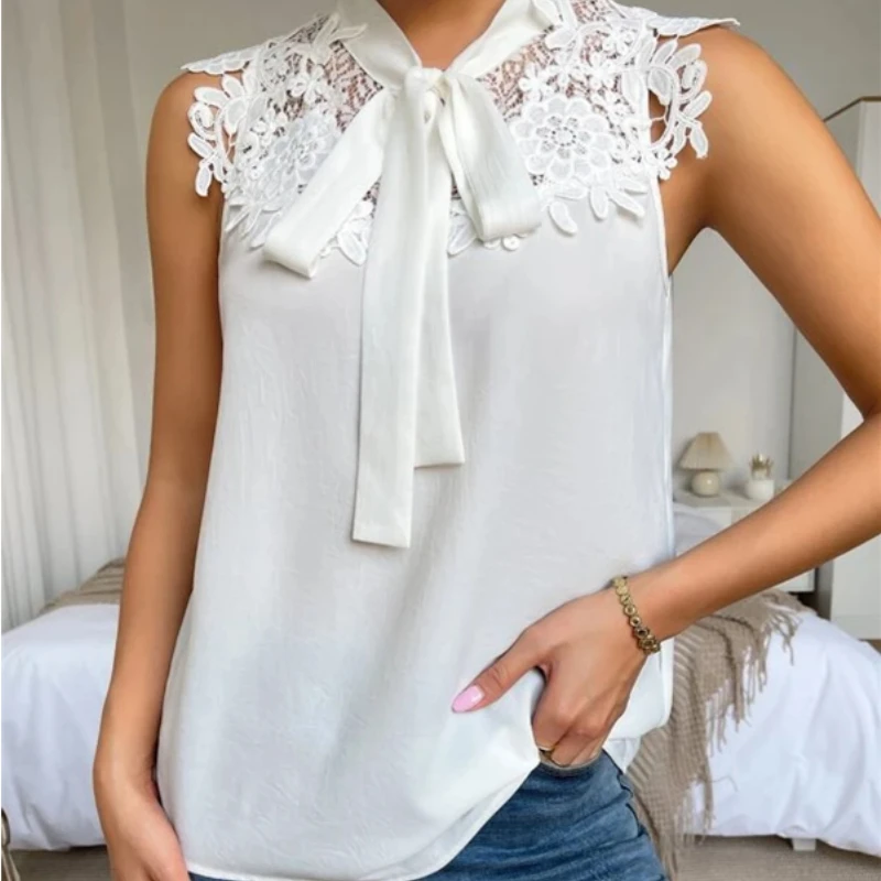 

Женская шифоновая блузка без рукавов, повседневная элегантная белая блузка с цветочной кружевной вышивкой и завязками, модель 2023, 25723